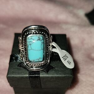 Turquoise Stone Silver-Tone Statement Ring - Size 18 Stainless Steel